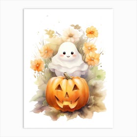 Cute Ghost With Pumpkins Halloween Watercolour 132 Art Print
