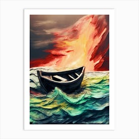 Lone Boat In The Sea, Charcoal, Colorful Art Print