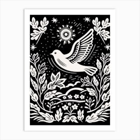 B&W Bird Linocut Dove 4 Art Print