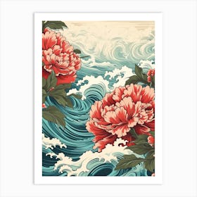 Great Wave With Peony Flower Drawing In The Style Of Ukiyo E 2 Art Print