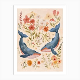 Folksy Floral Animal Drawing Whale Art Print