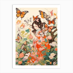 Women In The Meadow With Butterflies Japanese Style Painting Art Print