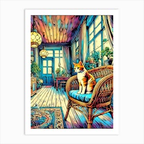 A cat sitting on a bamboo chair in a colorful and cozy room filled with plants Art Print