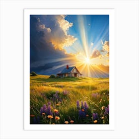 Sun Casting Rays Over A Quaint House Nestled In A Meadow Clouds Drifting Above Vibrant Wildflowers Art Print