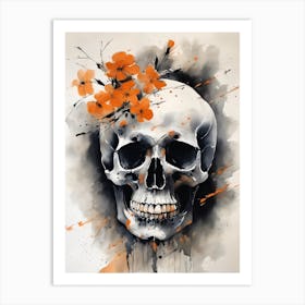 Abstract Skull Orange Flowers Painting (15) Art Print