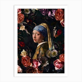 Girl With Pearl Earring And Flowers Art Print