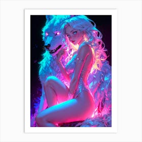 Neon wolf — a captivating creature in vibrant colors, she embodies beauty and wildness in the fantastical realm. Art Print