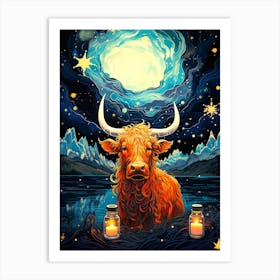 Starry Night Highland Cow Art Print