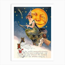 Young Witch Riding A Broom Under The Happy Moon, And A Halloween Poem Art Print