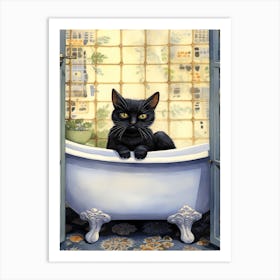 Black Cat In Bathtub Botanical Bathroom 3 Art Print