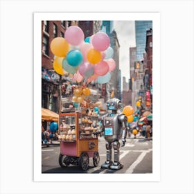 Retro Robot With Balloons Art Print