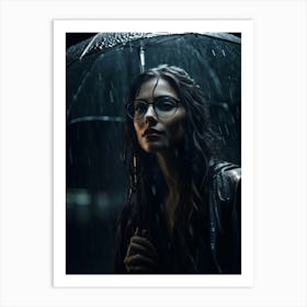 Woman With Glasses Her Countenance Bathed In Sheets Of Rain That Dapple Her Features Night Serving Art Print