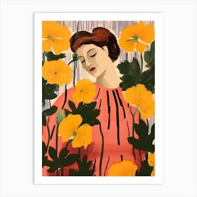 Woman With Autumnal Flowers Hollyhock 1 Art Print