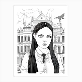 Nevermore Academy With Wednesday Addams Line Art 02 Fan Art Art Print