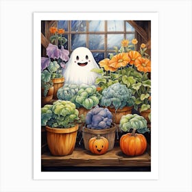 Cute Bedsheet Ghost, Botanical Halloween Watercolour 125 Art Print