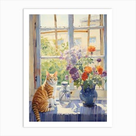 Cat With Floxglove Flowers Watercolor Mothers Day Valentines 1 Art Print