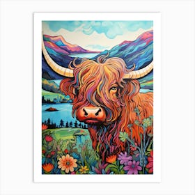 Colourful Illustration Of Highland Cow On Clear Day 1 Art Print