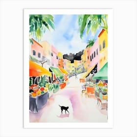 Food Market With Cats In Malibu 3 Watercolour Art Print