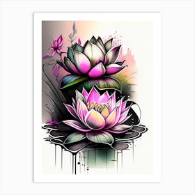 Lotus Flowers In Garden Graffiti 1 Art Print
