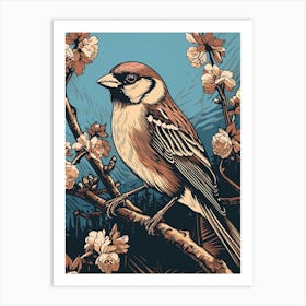 Vintage Bird Linocut House Sparrow 1 Art Print