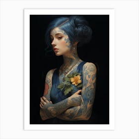 Woman With Golden Tattoos and Flowers #2 Art Print