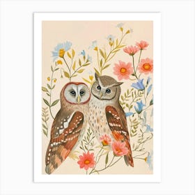 Folksy Floral Animal Drawing Owl 3 Art Print