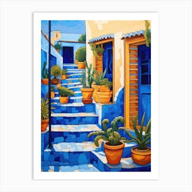 Blue House With Potted Plants Art Print