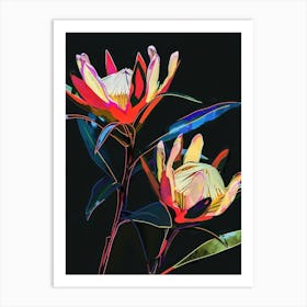 Neon Flowers On Black Protea 4 Art Print