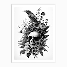 Skull With Bird Motifs Black And White Botanical Art Print