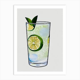 Gin And Tonic Minimal Line Drawing With Watercolour Cocktail Poster Art Print