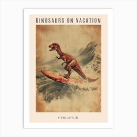 Vintage Oviraptor Dinosaur On A Surf Board 2 Poster Art Print