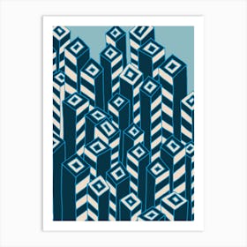 URBAN Graphic Abstract Architecture Skyscraper Line Drawing Colour Blocks in Indigo Blue White Art Print