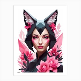 Low Poly Fox Girl,Black And Pink Flowers (26) Art Print