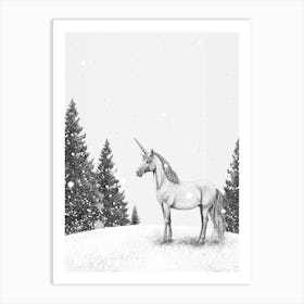 A Unicorn In A Winter Setting Black & White 1 Art Print