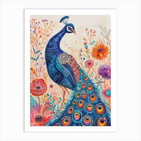 Watercolour Detailed Peacock With Wildflowers Art Print