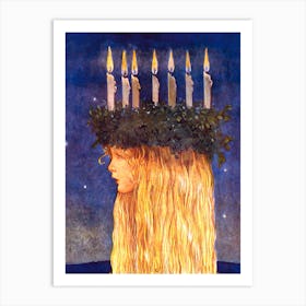 Lucia by John Bauer 1913 Scandinavian Swedish Winter Solstice Artwork Girl With Candles December Christmas Beautiful HD Remastered Vibrant Art Print