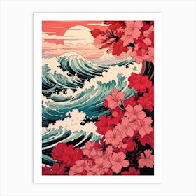 Great Wave With Bougainvillea Flower Drawing In The Style Of Ukiyo E 3 Art Print