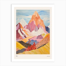 K2 Pakistan Colourful Mountain Illustration Poster Art Print