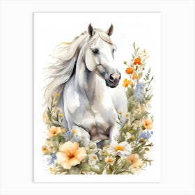 Watercolor Horse With Flowers Art Print