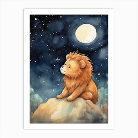 Stargazing Watercolour Lion Art Painting 3 Art Print