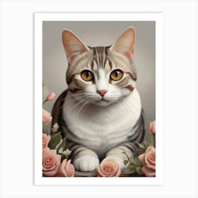 Cat With Roses Art Print