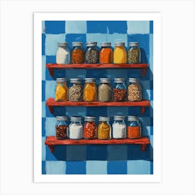 Spices On Shelves Blue Checkerboard Art Print