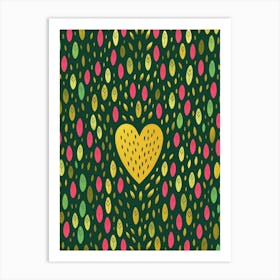 Green, Yellow And Pink Heart Line Pattern Art Print