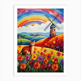 A Ginger Cat With A Floral Medieval Windmill Background Art Print