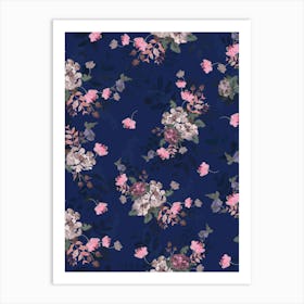 Magnolia Bouquet with Pink Flower On a Blue Background Art Print