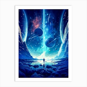 Lost in wonder, the astronaut gazes into the boundless blue galaxy, where planets and stars dance in endless cosmic harmony. Art Print