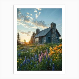 Cozy Cottage Nestled In The Heart Of A Meadow Awash With A Sea Of Blooming Wildflowers Subtle Dawn Art Print