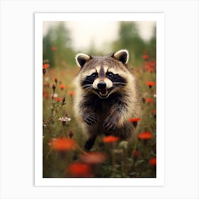 Cute Funny Cozumel Raccoon Running On A Field Wild 4 Art Print