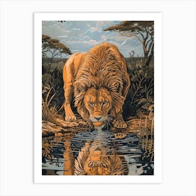 African Lion Relief Illustration Drinking 2 Art Print