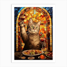 Mosaic Of A Cat Enjoying Wine At A Feast Art Print